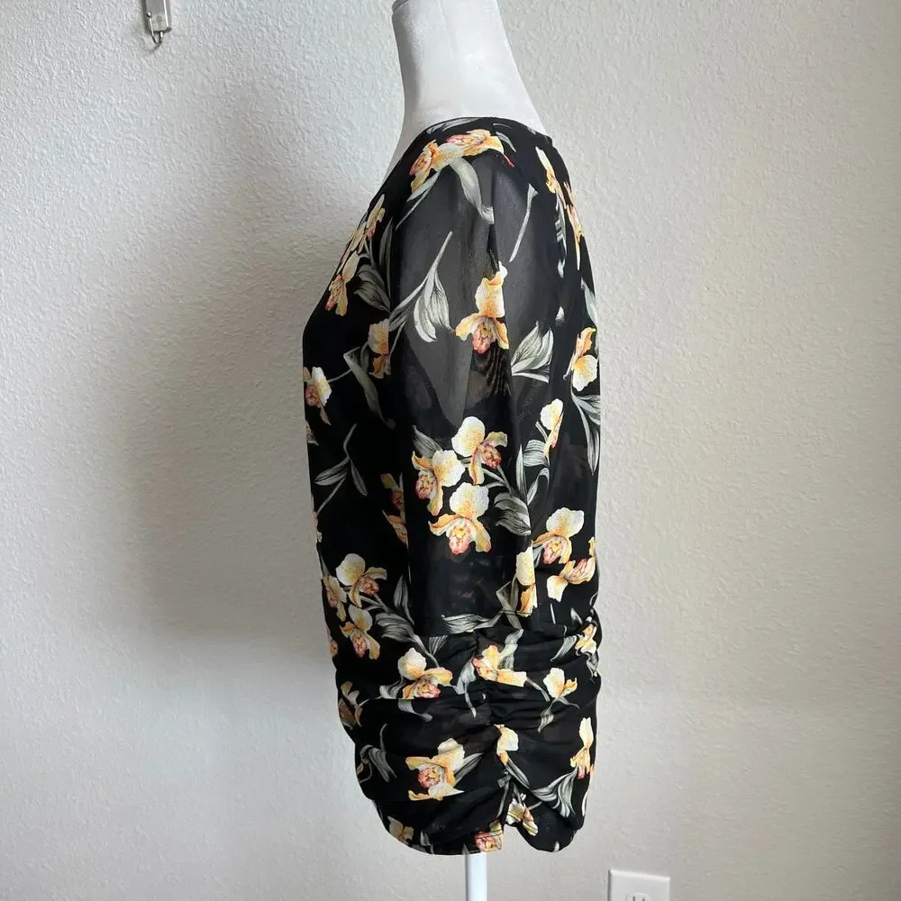 White House Black Market Black Floral Ruched Side Top Women's L Sheer Mesh Layer - Picture 3 of 8